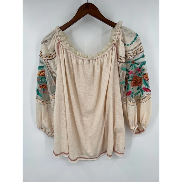 umgee cream and floral sleeves oversized boho shirt blouse top size large - Picture 2 of 8
